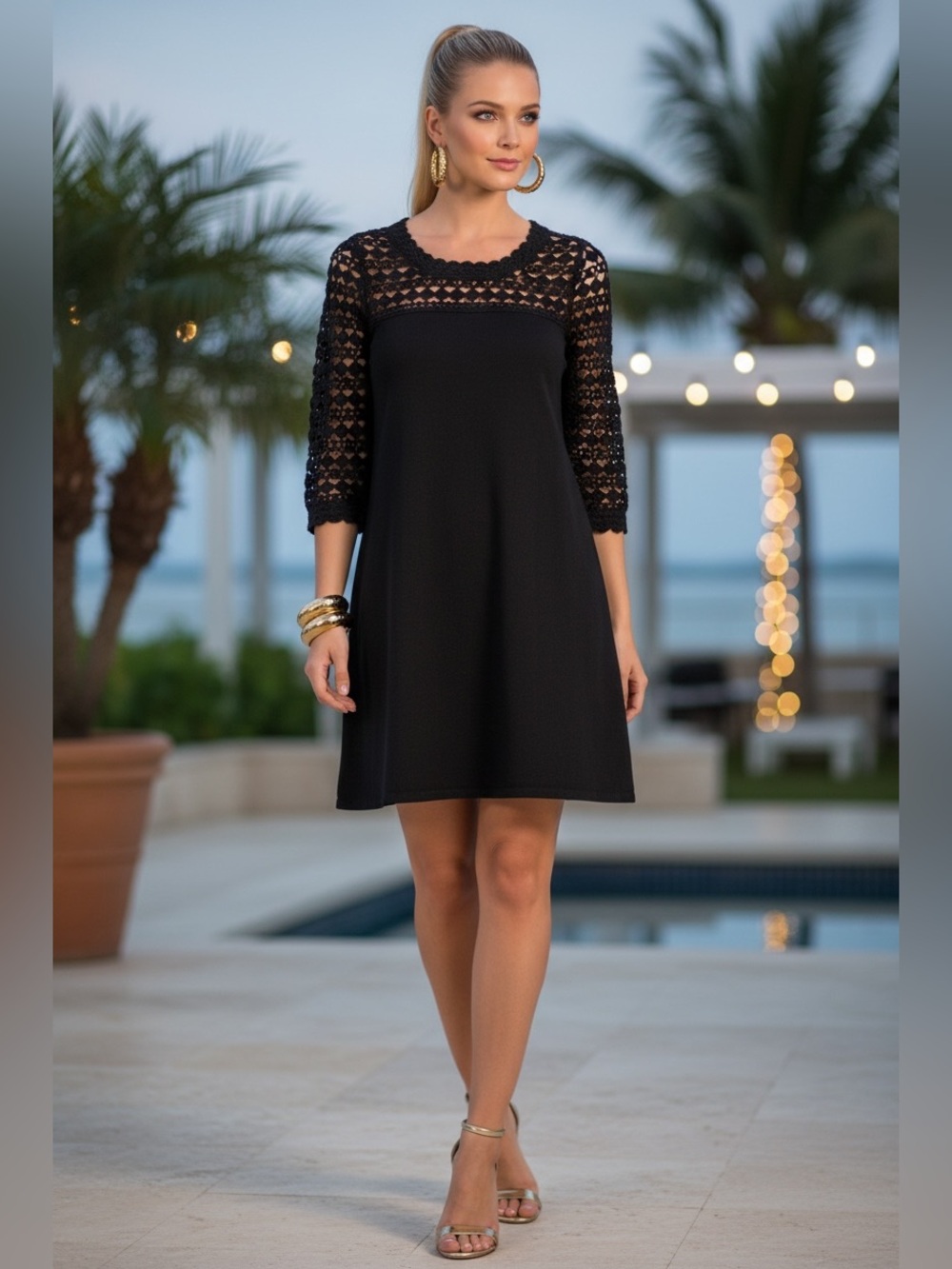 Lilly Pulitzer Black Karina 100% Merino Wool Crochet Sleeve Sweater Dress XS